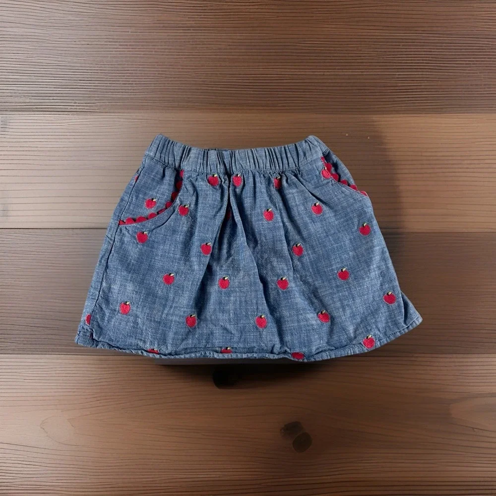 Gymboree Girls Skirt Size 6 Blue Denim Embroidered Apples Pockets Cotton